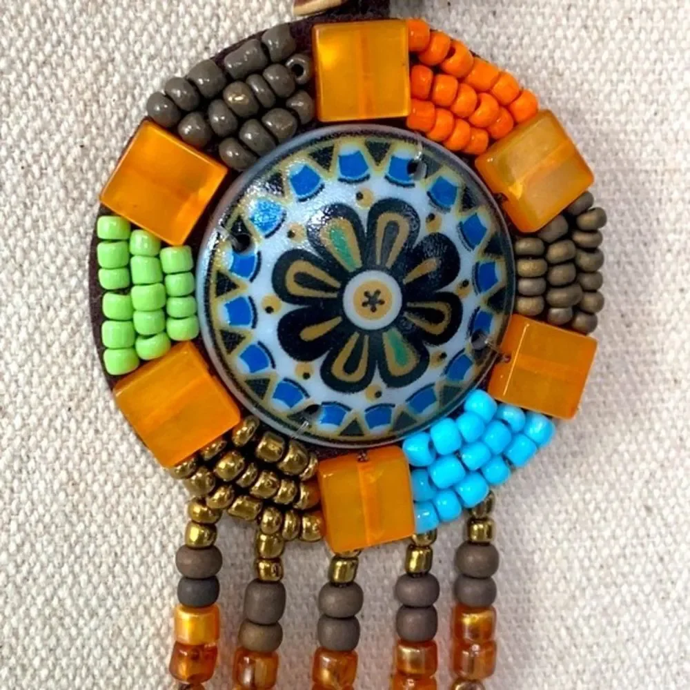 Boho Beaded Medallion Necklace Earthy Western Style